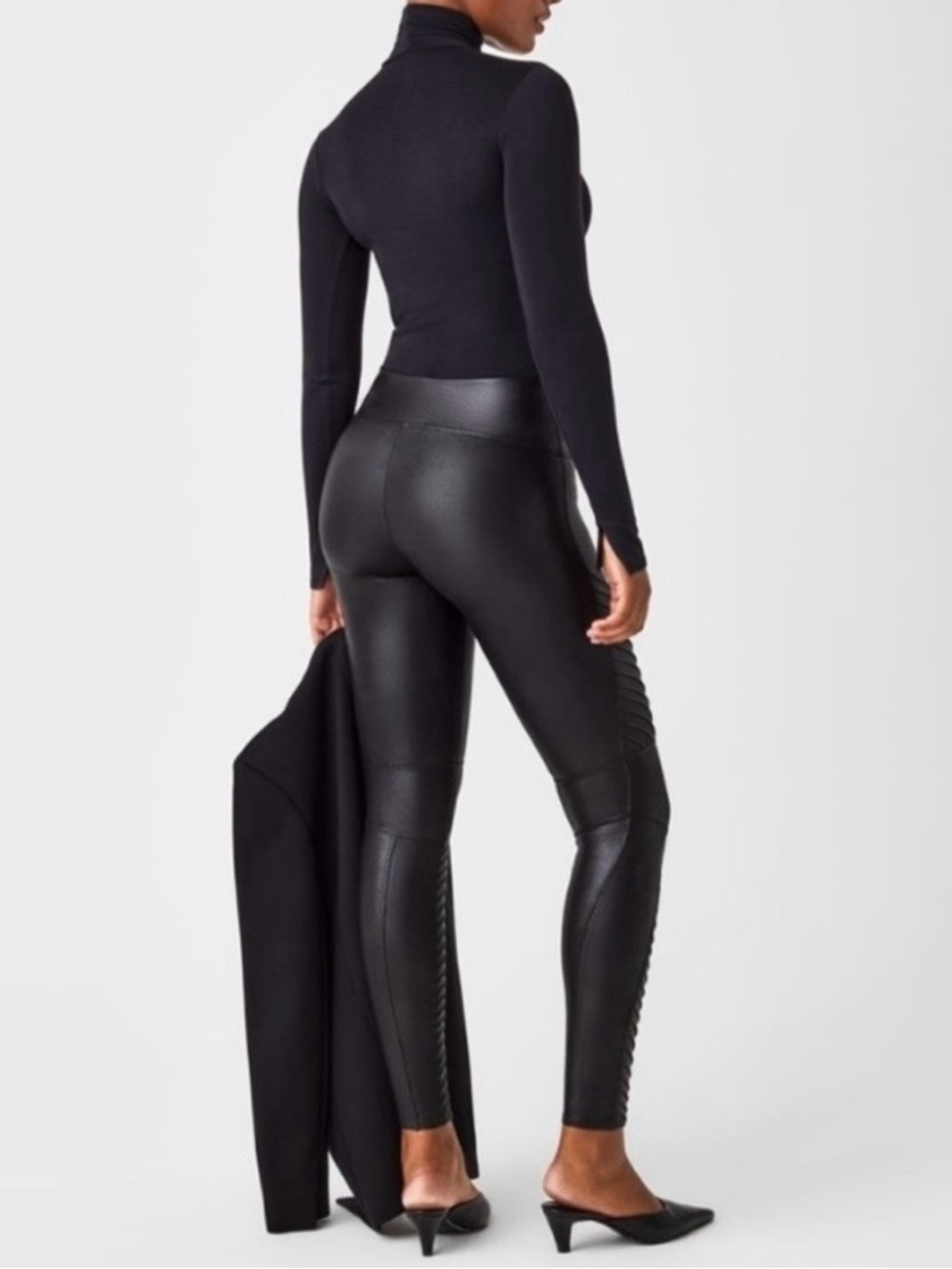 SPANX Faux Leather High-Waist Moto Leggings - Black - Picture 3 of 9
